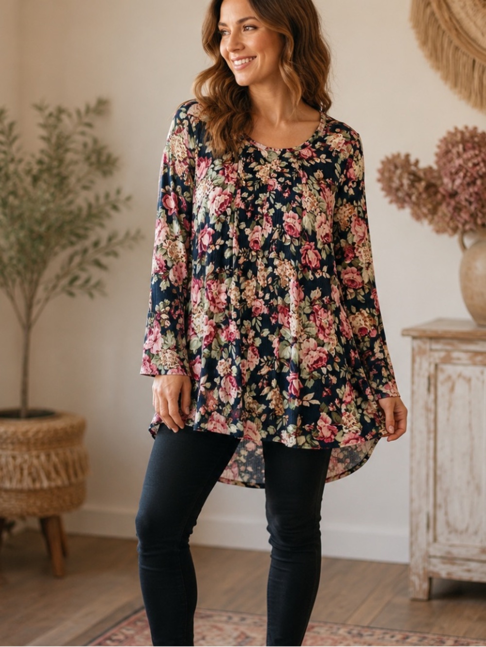 Kori America Floral Tunic Top Medium Navy Pink Rose Boho Long Sleeve
